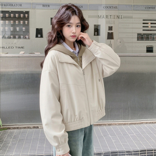 高级感时髦通勤宽松上衣 新款 ELLE法式 假两件连帽短外套女2026春季