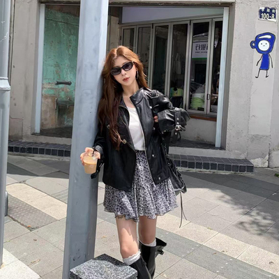 ELLE黑色皮衣短外套机车复古夹克