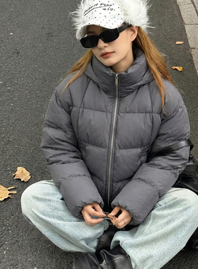 ELLE90鹅绒深灰色短款羽绒服女2025冬季新款简约加厚保暖连帽外套