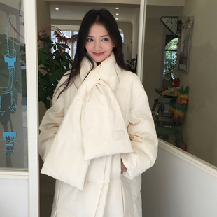 ELLE米白色长款羽绒服女围巾领设计感25冬款90鸭绒高充绒保暖外套
