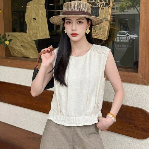 ELLE蕾丝刺绣亚麻无袖上衣