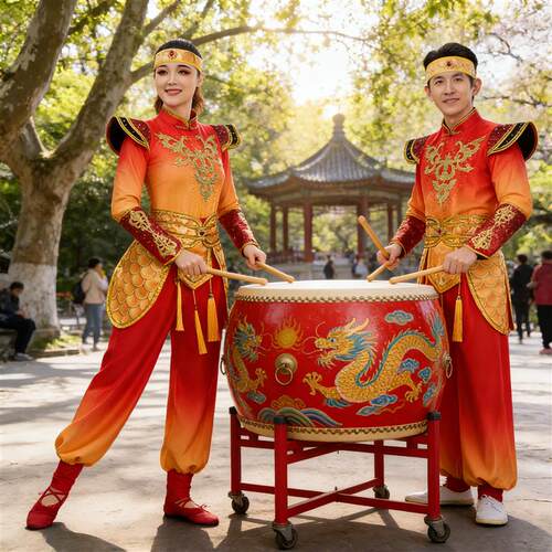 高档新款表演服秧歌服腰鼓风喜庆男女大鼓中国开场舞舞龙舞狮打鼓