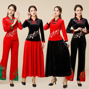 广场舞服装新款套装蹈服刺绣金丝绒秋冬中国民族风中老年团演