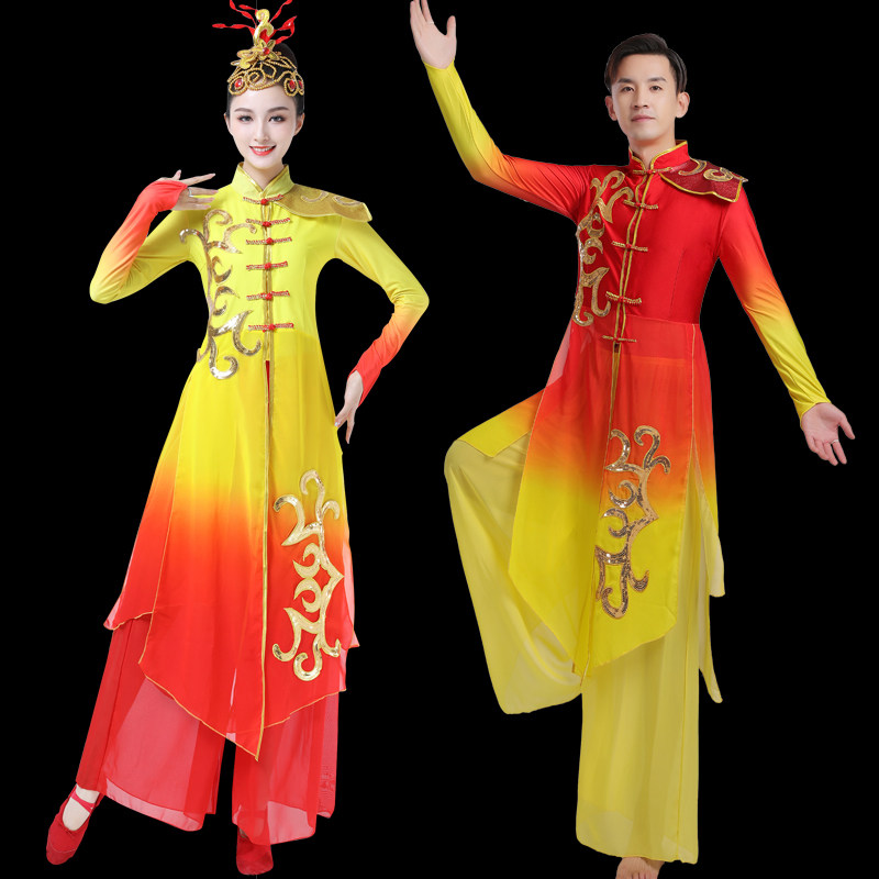 高档新款飘逸古典打鼓服装舞龙舞狮腰鼓服中国风红色民族舞演出秧