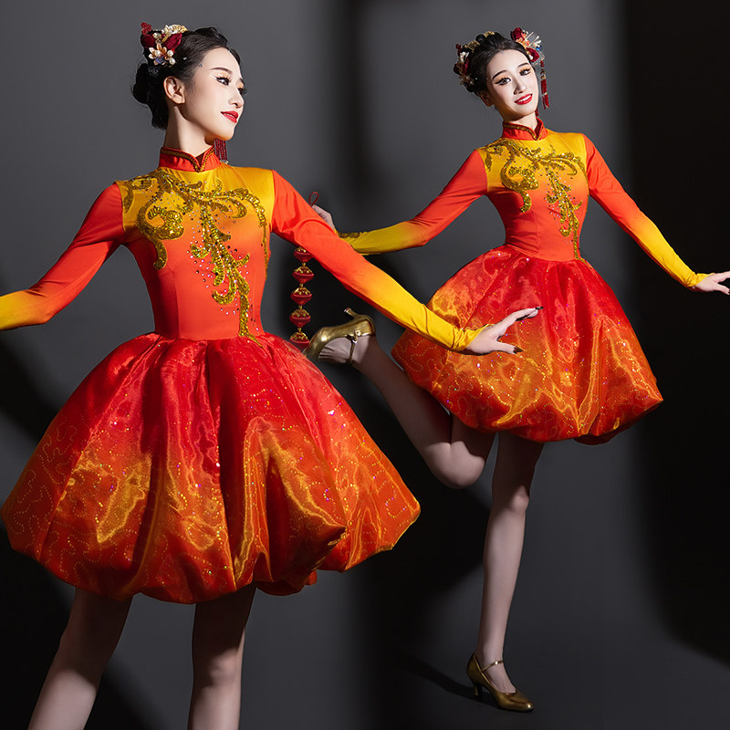 高档锣鼓演出服中国风女腰鼓队舞蹈服装成人新款喜庆新年打鼓服蓬