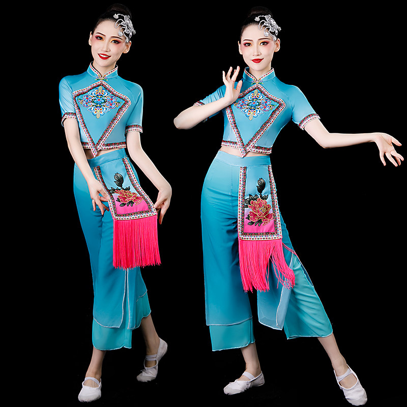高档秧歌舞蹈演出服女中国风古典舞台扇子舞打鼓腰鼓表演服装套装