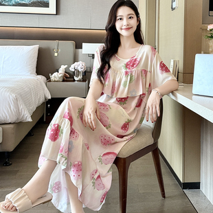 外穿长款防凸点棉绸睡裙女夏短袖孕妇睡衣人造棉薄连衣裙大码可爱