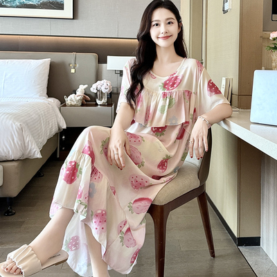 外穿长款防凸点棉绸睡裙女夏短袖孕妇睡衣人造棉薄连衣裙大码可爱