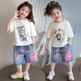 女童夏季薄款套装2026新款中大童儿童印花短袖T恤女孩牛仔两件套