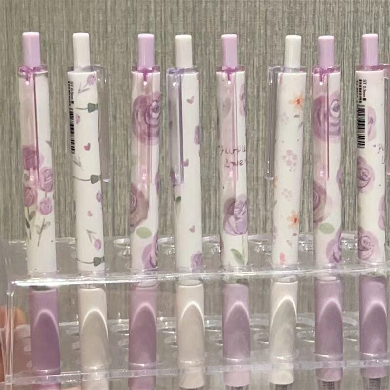 紫色玫瑰按动中性笔ins高颜值学生考试刷题笔ST顺滑好写黑笔水笔