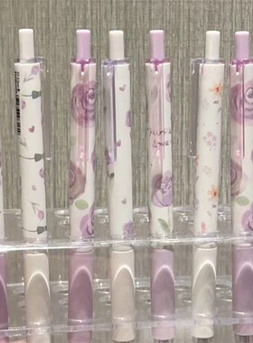 紫色玫瑰按动中性笔ins高颜值学生考试刷题笔ST顺滑好写黑笔水笔