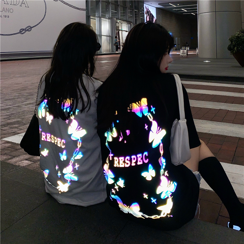 夜光蝴蝶反光短袖t恤女加厚