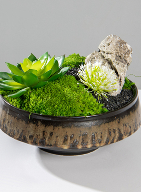 新中式餐桌中间摆花仿真植物盆景书房茶室禅意软装样板间茶几摆件