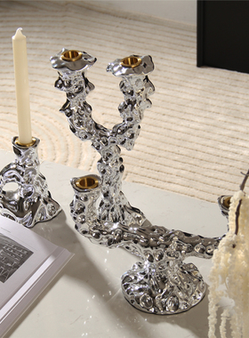 电镀银色造型烛台现代简约样板间售楼部餐桌面抽象艺术装饰摆件