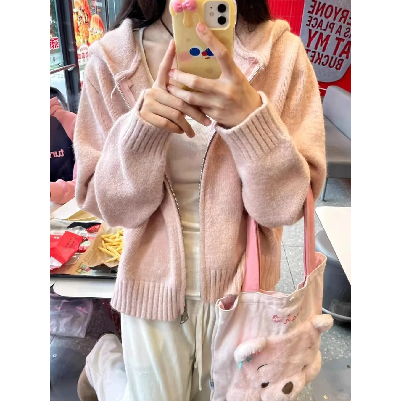 粉色连帽针织衫上衣女秋冬2025秋季拉链慵懒软糯外搭毛衣开衫外套