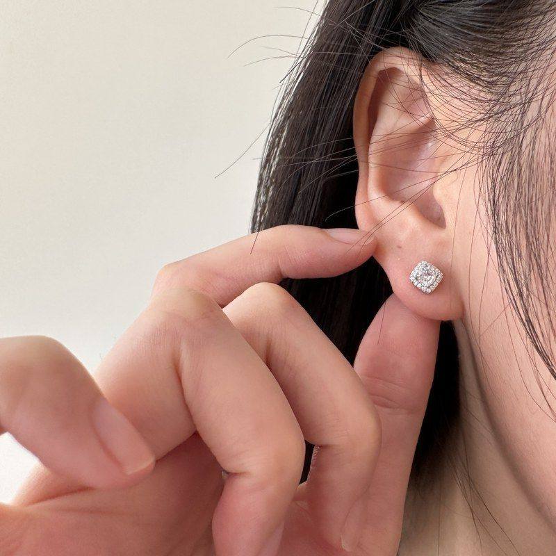 方形轻奢女耳饰简约镶钻纯银耳钉