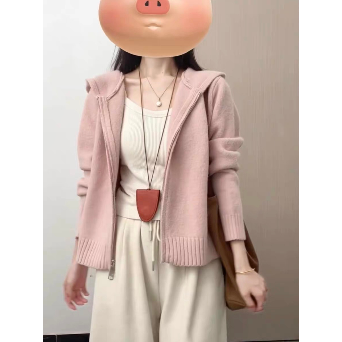 粉色连帽针织衫上衣女秋冬2025