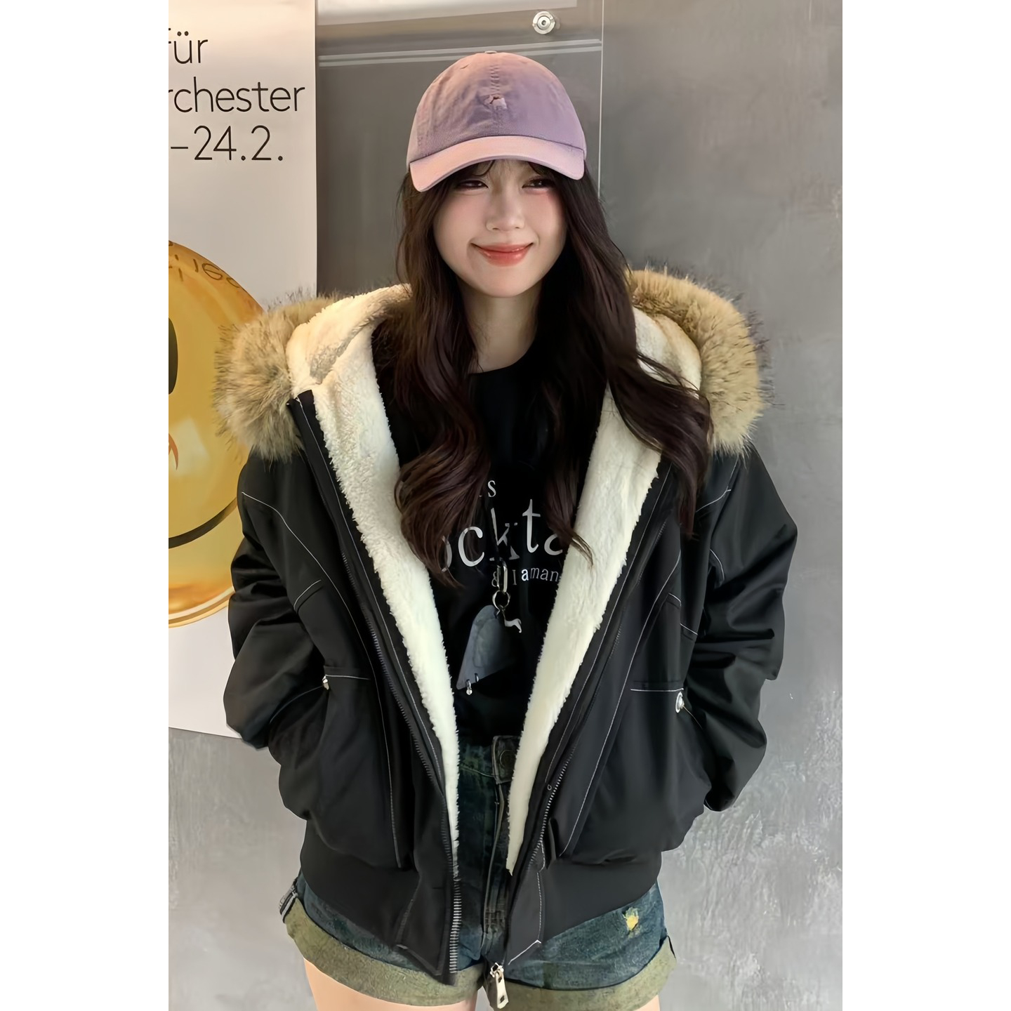 派克服短款羽绒棉服女仿兔毛大毛领2025冬季韩版外套美式复古棉衣