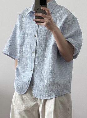 短宽圆弧下摆泡泡纱衬衫52062 夏季不热宽松显瘦潮男CCD自由商店