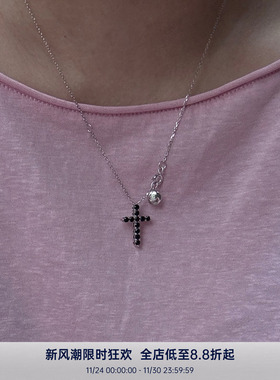 PAUSA ANN s925 秋冬复古黑色满钻十字架中性感百搭项链