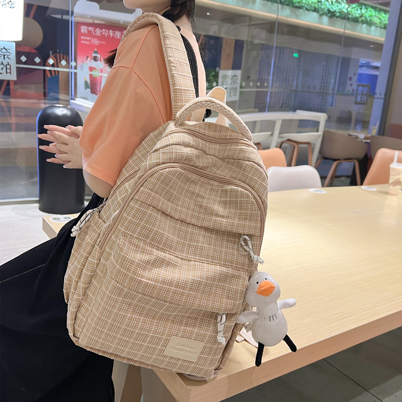 高颜值少女书包潮牌大容量韩国校园百搭高中学生森系格纹双肩包女