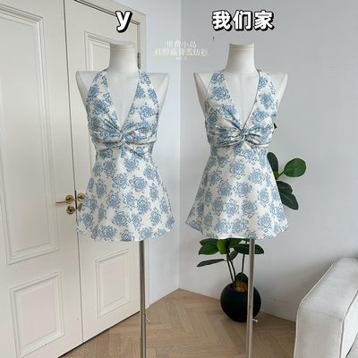 里费小岛温柔气质挂脖露背雪纺衫