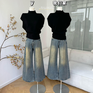 柒月末叠穿chic短袖 马甲100羊毛半高领无缝一体休闲针织上衣女新