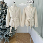 柒月末 套装 京都美奈 黑色气质斜襟羊绒毛呢外套女低腰毛呢短裤