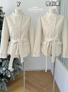 柒月末 京都美奈 黑色气质斜襟羊绒毛呢外套女低腰毛呢短裤套装