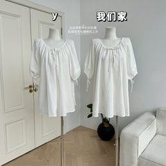 柒月末 白色茉莉中长衬衫裙女肌理感宽松慵懒风薄款短袖上衣