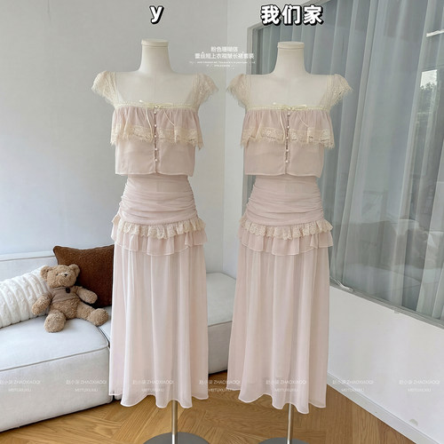 蕾丝短上衣蕾丝短上衣褶皱长裙