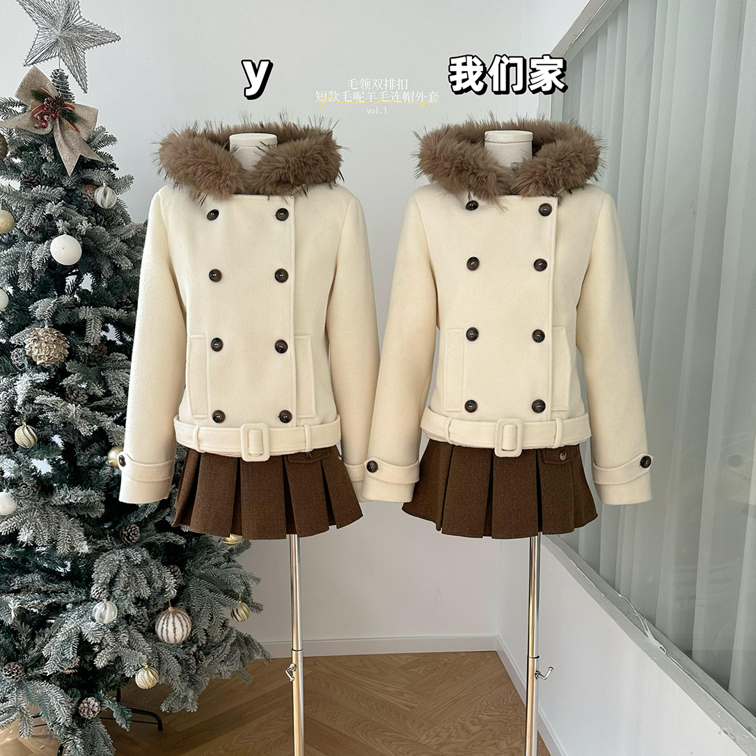 毛领双排扣短款毛呢羊毛大衣
