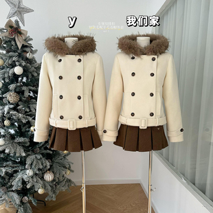 柒月末 毛领双排扣短款毛呢羊毛大衣连帽外套女收腰秋冬加厚