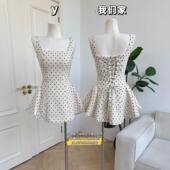 杏色方领吊带连衣裙女春法式 柒月末 miu系波点 初恋清纯收腰裙子