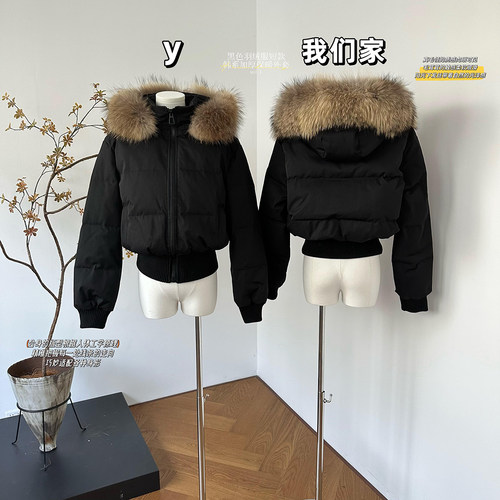 黑色90白鸭绒貉子毛收腰羽绒服