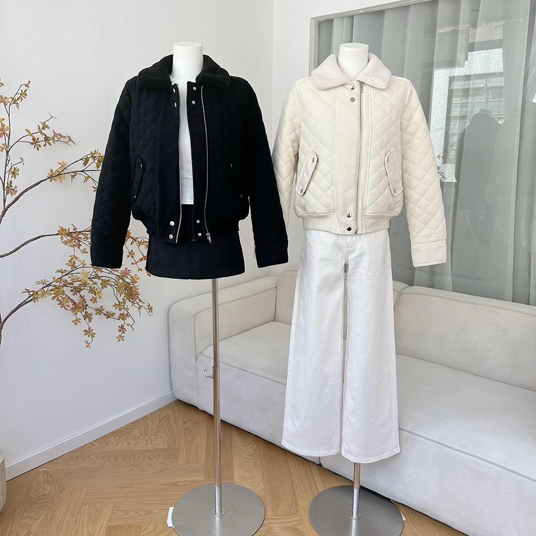 菱格绗棉翻领毛呢羽绒服外套