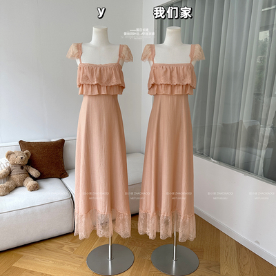 蕾丝荷叶边A字收腰显瘦连衣裙