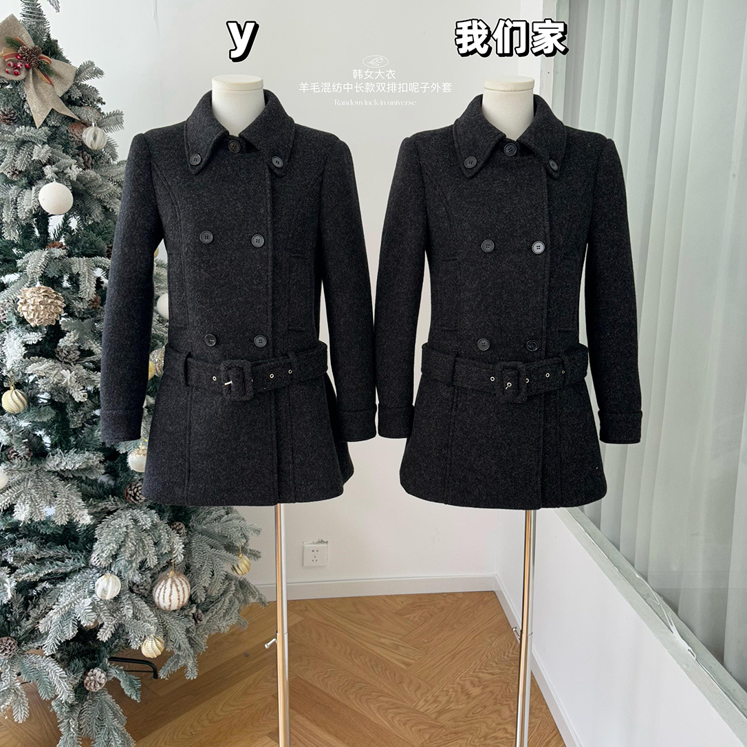 韩女大衣中长款双排扣呢子外套
