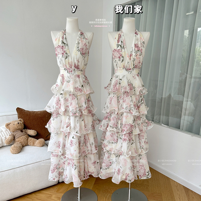 柒月末 晨露蔷薇园/法式度假风印花挂脖雪纺蛋糕长裙女V领连衣裙
