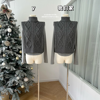 灰色高领针织马甲毛衣背心