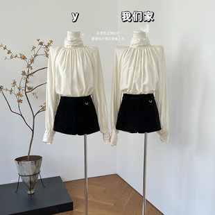 白茶色法式 垂褶设计感灯笼袖 立领衬衫 款 上衣 女春季 柒月末