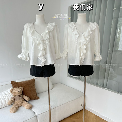 荷叶领中袖衬衫蕾丝衫休闲上衣