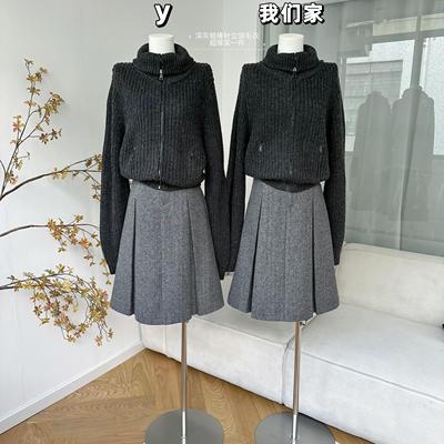 深灰粗棒针立领毛衣开衫上衣外套