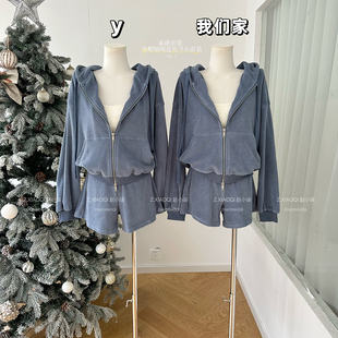 柒月末 素颜套装 300G连帽抽绳蓝色卫衣外套/短裤/卫裤套装女