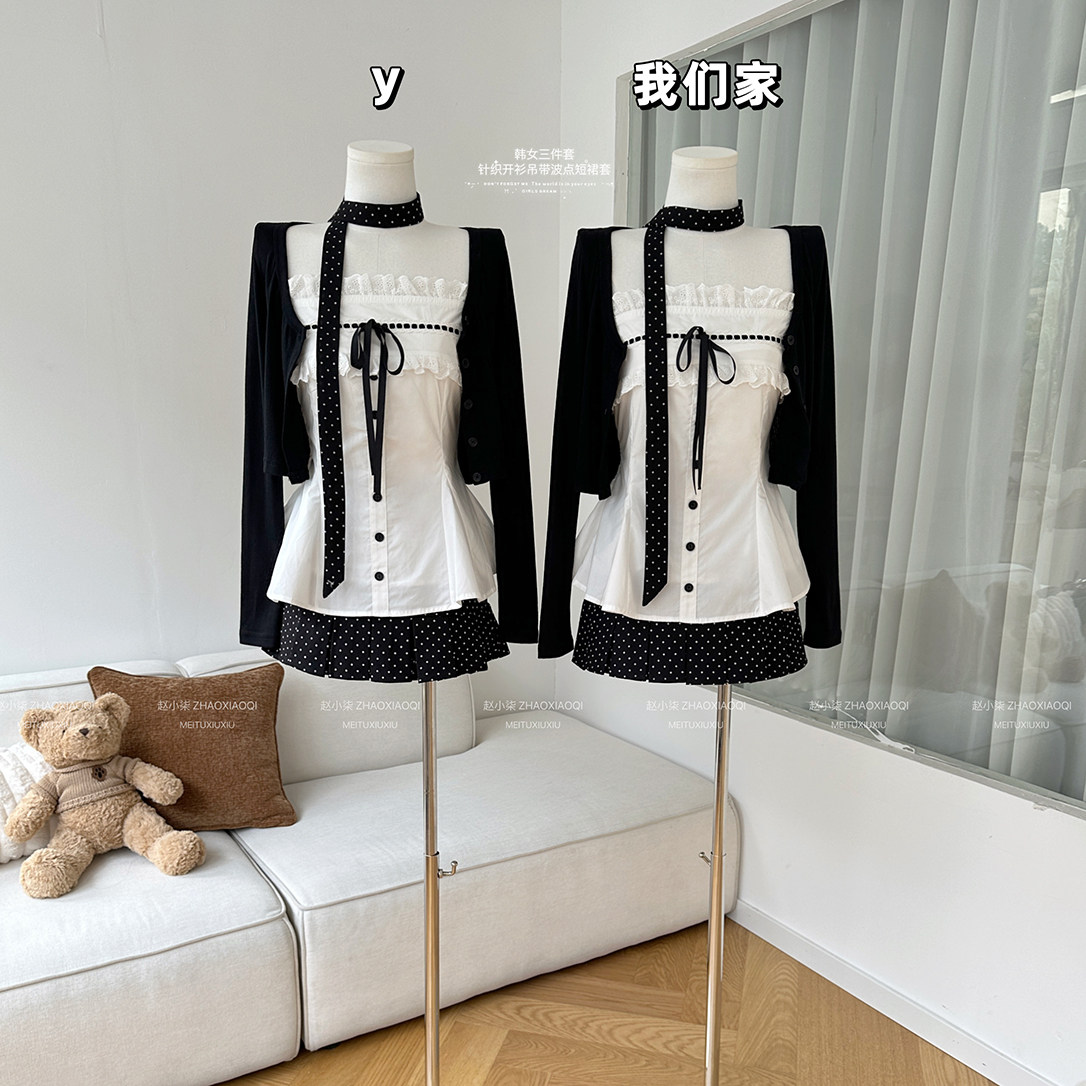 柒月末 韩女三件套针织开衫外套花边蝴蝶结吊带上衣波点短裙套