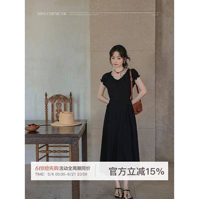 花栗鼠小姐 仲夏青柠茶 韩系花边甜美收腰连衣裙女夏简约舒适长裙