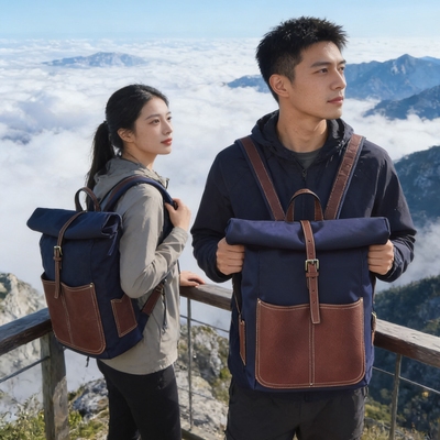 男女双肩包大容量户外防泼水卷轴双肩包通勤电脑包商务出差真皮包