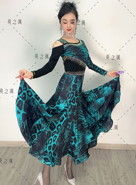 5039英之飒花色点帕斯广场舞中长连衣裙吉特巴交谊显瘦弹力舞裙