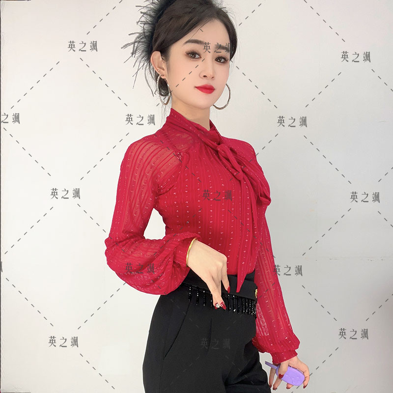 5036英之飒新款高级广场吉特巴水兵交谊舞蹈跳舞系带弹力连体上衣