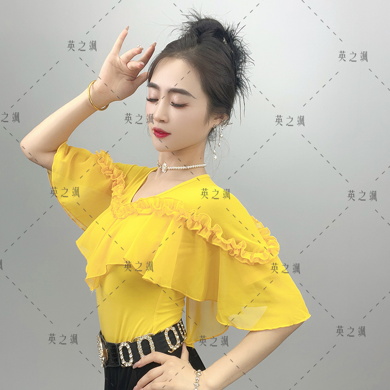 英之飒2196显瘦洋气V领木耳边广场舞吉特巴水兵交谊连体舞蹈服